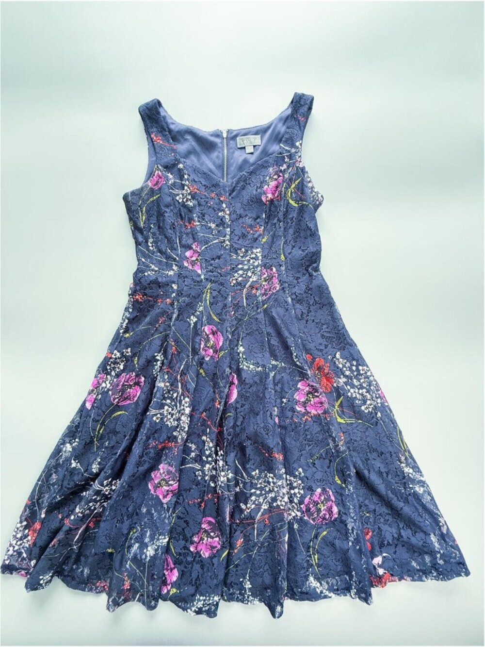 Navy Floral Lace Dress, Wedding Guest Dress, Fit and Flare Midi Dress Size 10